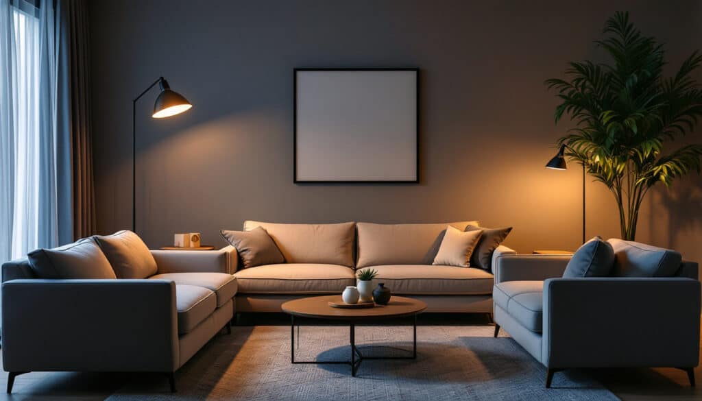 sala de estar con sofa gris y decoracion elegante en un ambiente intimista