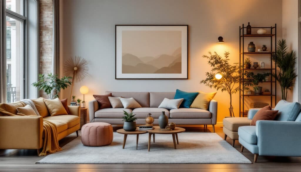 sala moderna con sofas coloridos y detalles naturales en un entorno acogedor